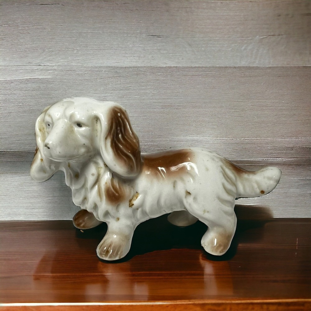 Vintage Porcelain Long Haired Dachshund Figurine Japan Brown White 4.5"